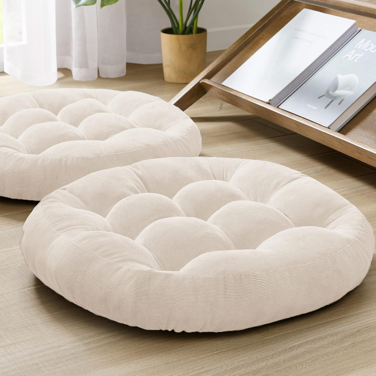 Degrees of Comfort meditation floor pillow pair close-up showing tufted corduroy for cozy seating.