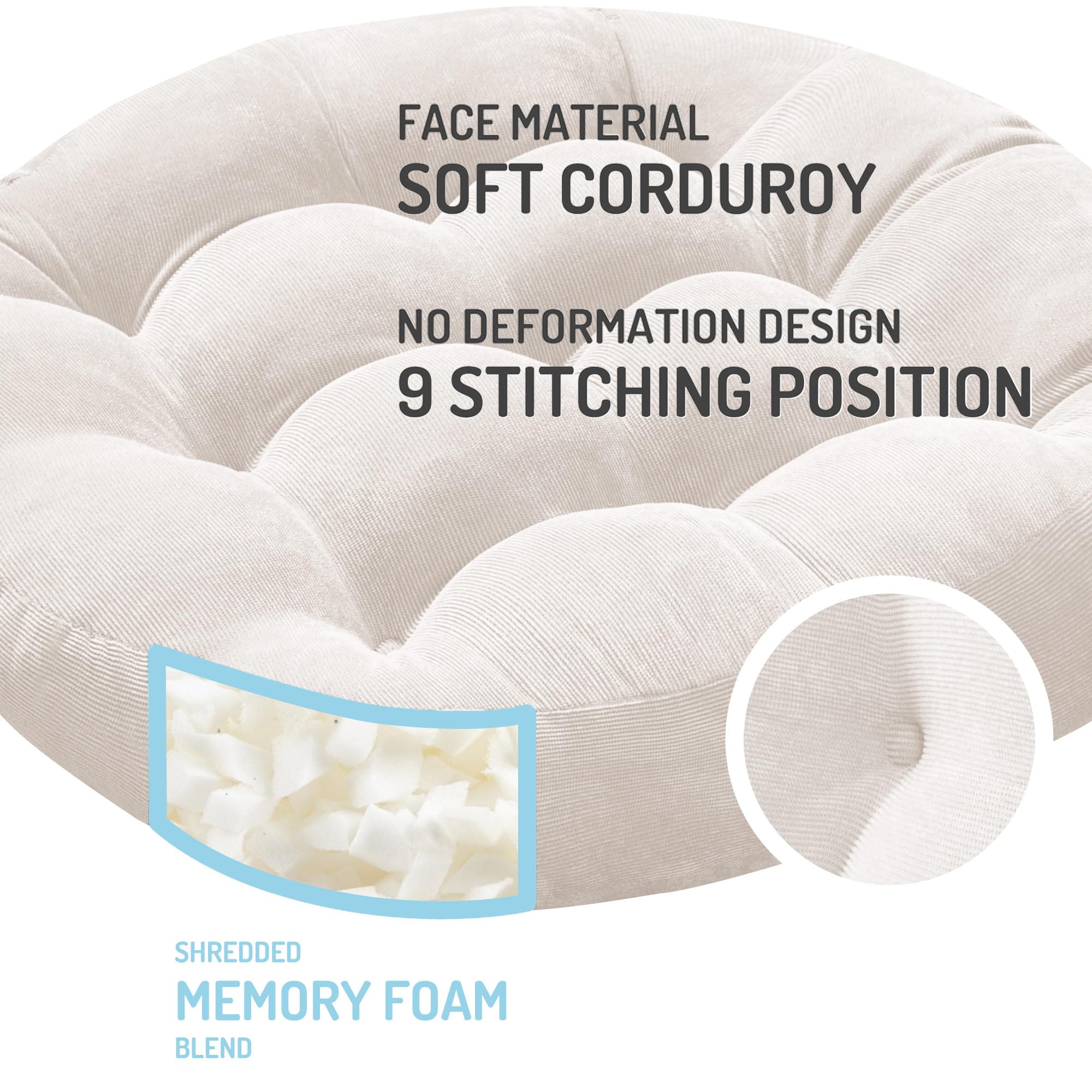 Degrees of Comfort meditation floor pillow pair top view highlighting generous 22-inch diameter.