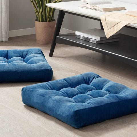 Degrees of Comfort navy blue floor pillows, top view, tufted corduroy texture.