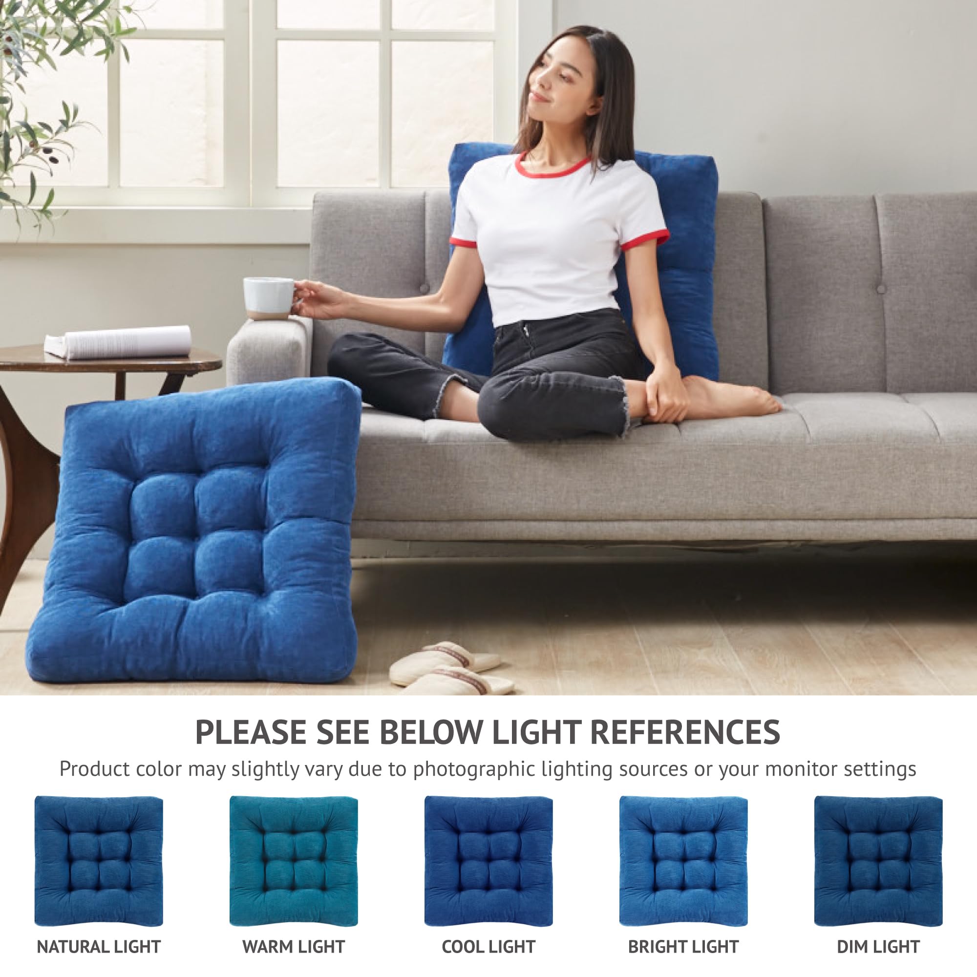 Degrees of Comfort navy blue floor pillows, 22x22 inches, thick profile.