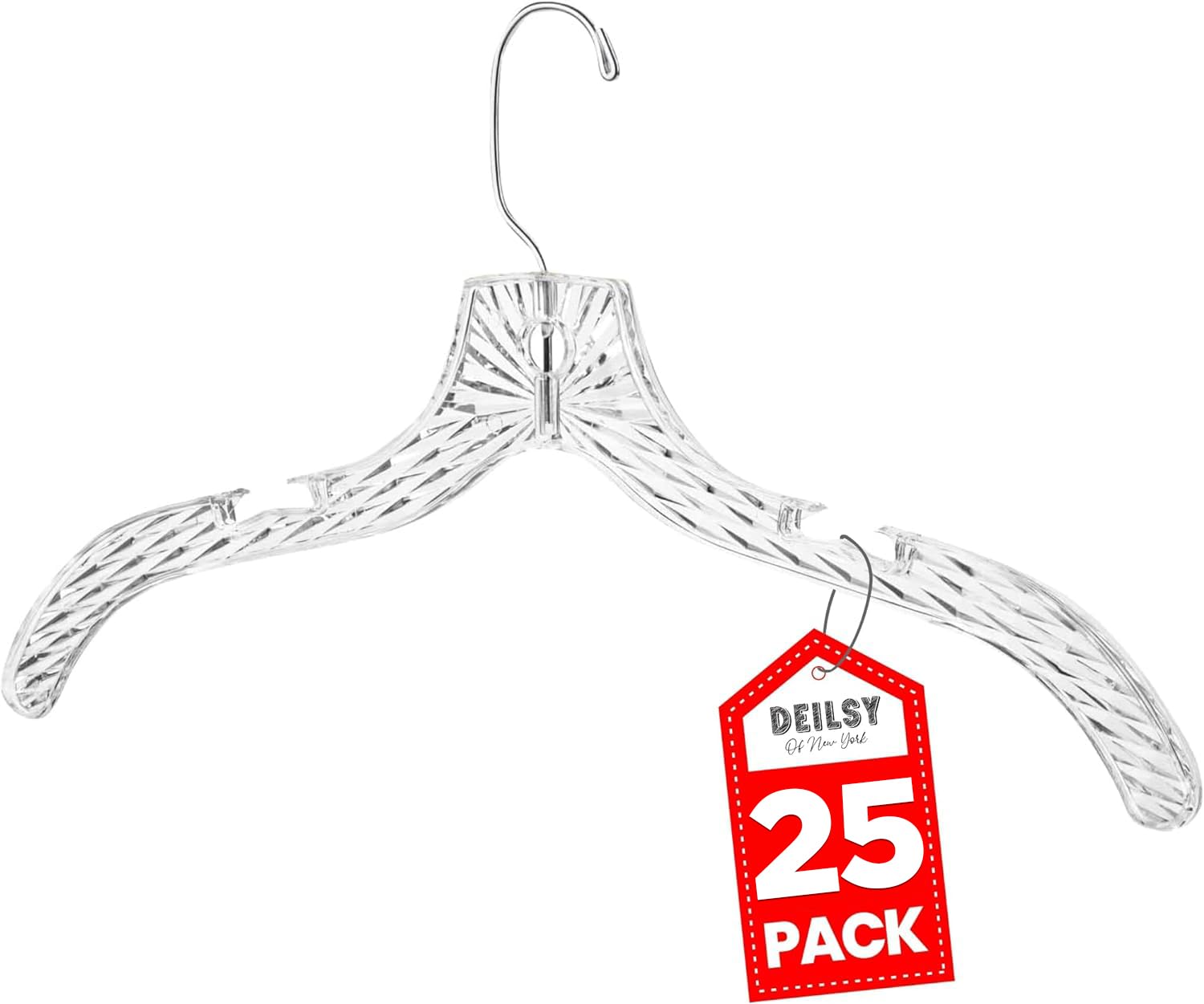 DEILSY 25-pack heavy duty plastic hangers with swivel hooks for organized closet spaces.