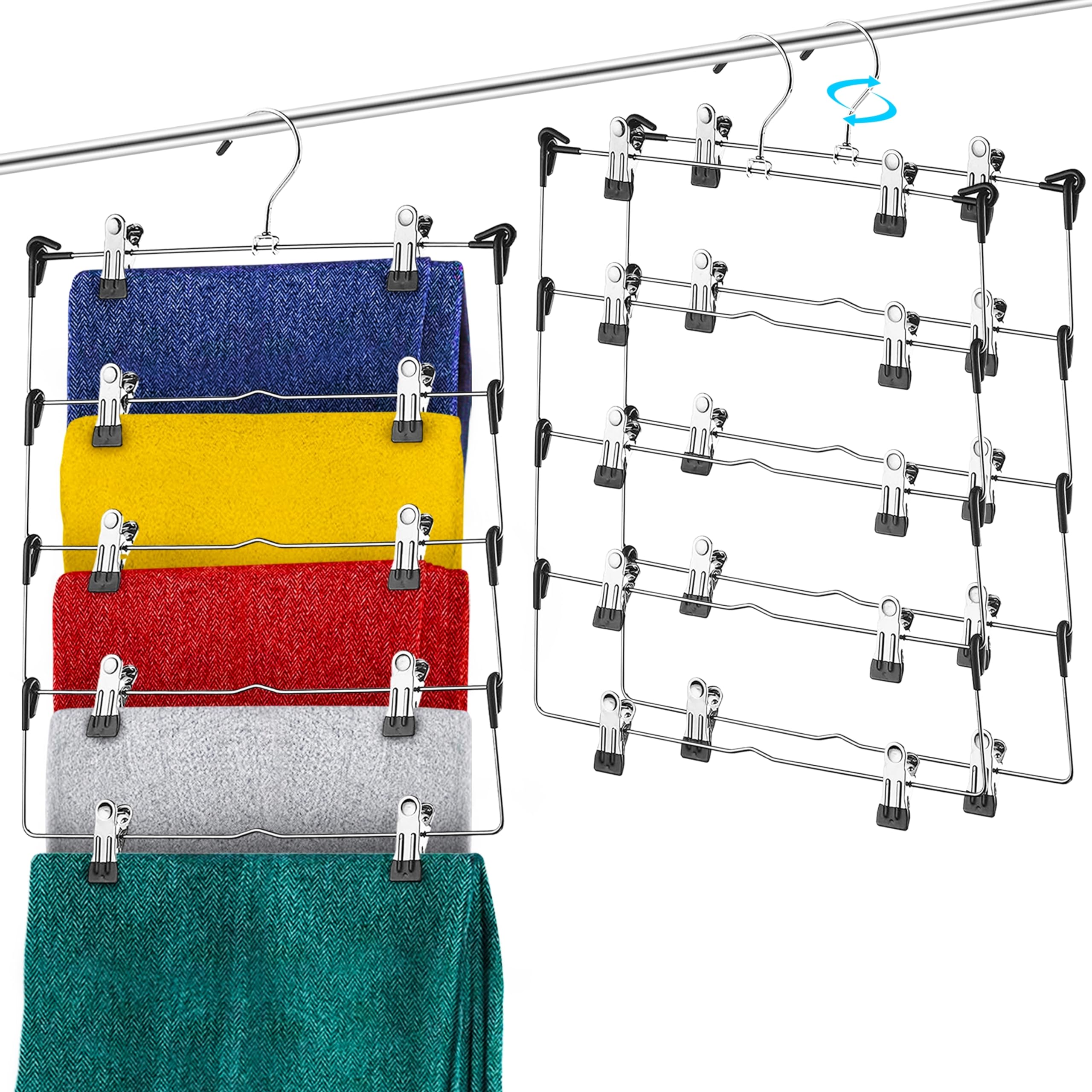 DEILSY 5-Tier Skirt Hangers with Clips in a 3-pack help organize outfits.