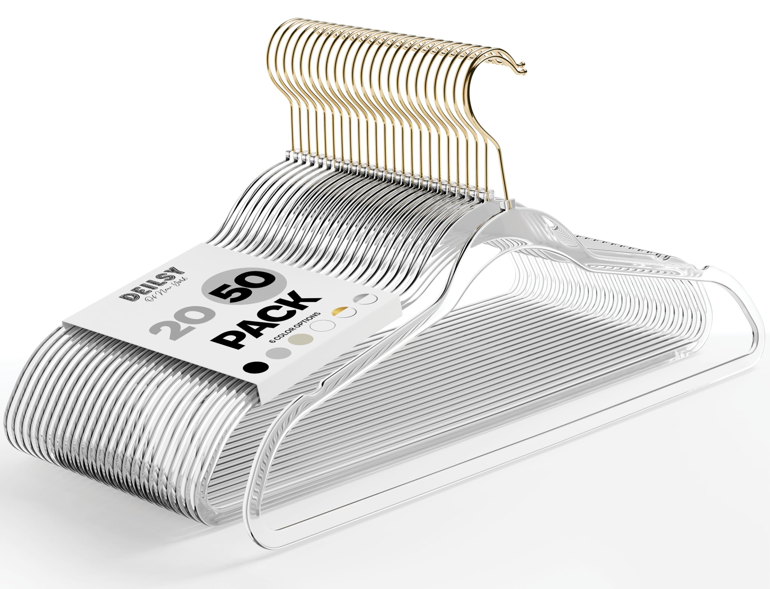 DEILSY Clear Hangers with Gold Hook keep shirts neatly aligned in a slim, space-saving closet.