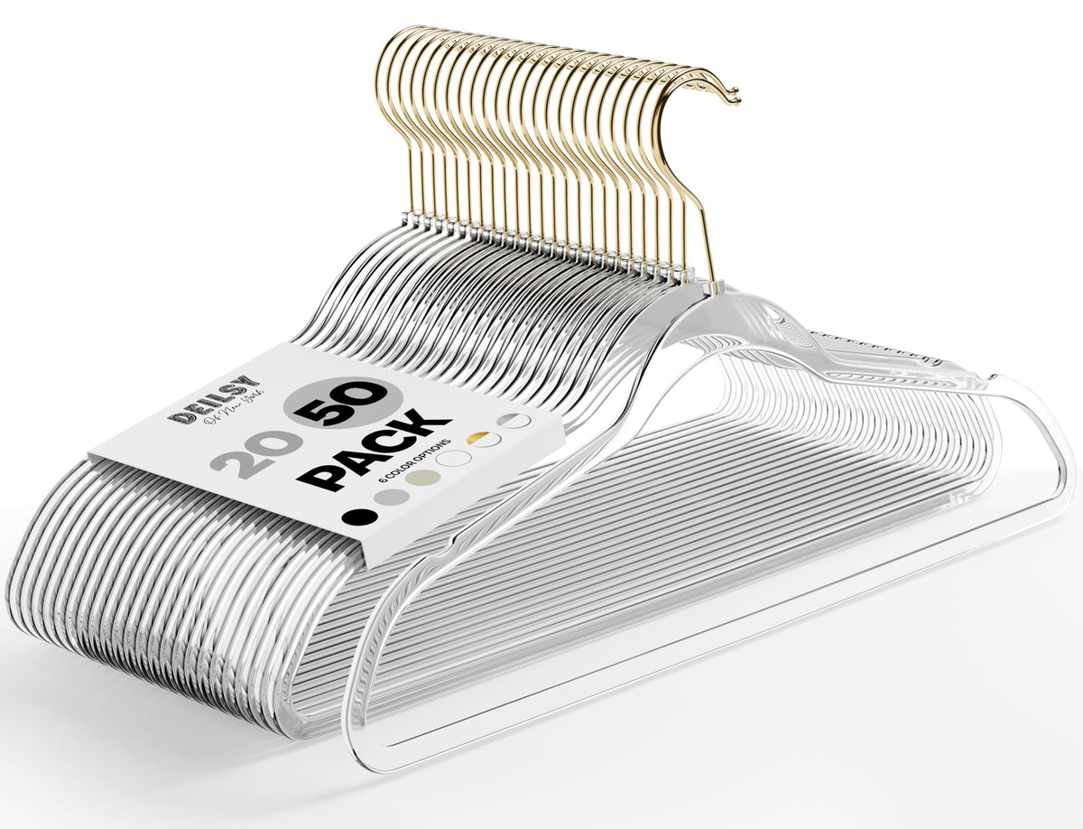 DEILSY Clear Hangers with Gold Hook keep shirts neatly aligned in a slim, space-saving closet.