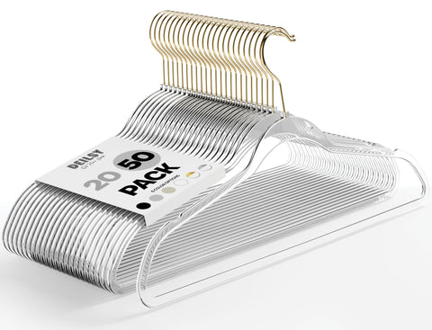 DEILSY Clear Hangers with Gold Hook keep shirts neatly aligned in a slim, space-saving closet.