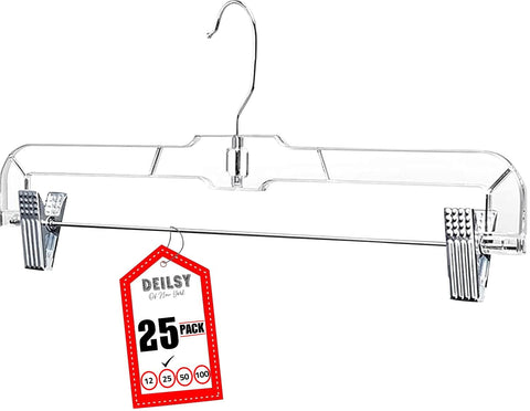 DEILSY skirt hangers with clips in clear plastic, ideal for organizing skirts and pants efficiently.
