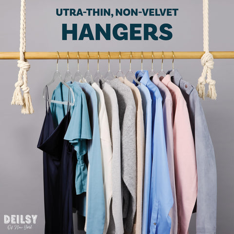 DEILSY space-saving hangers in a closet maximize storage for outfits and accessories.