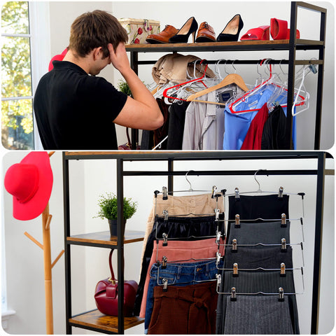 DEILSY space-saving 5-tier hangers keep multiple pants neatly stacked.