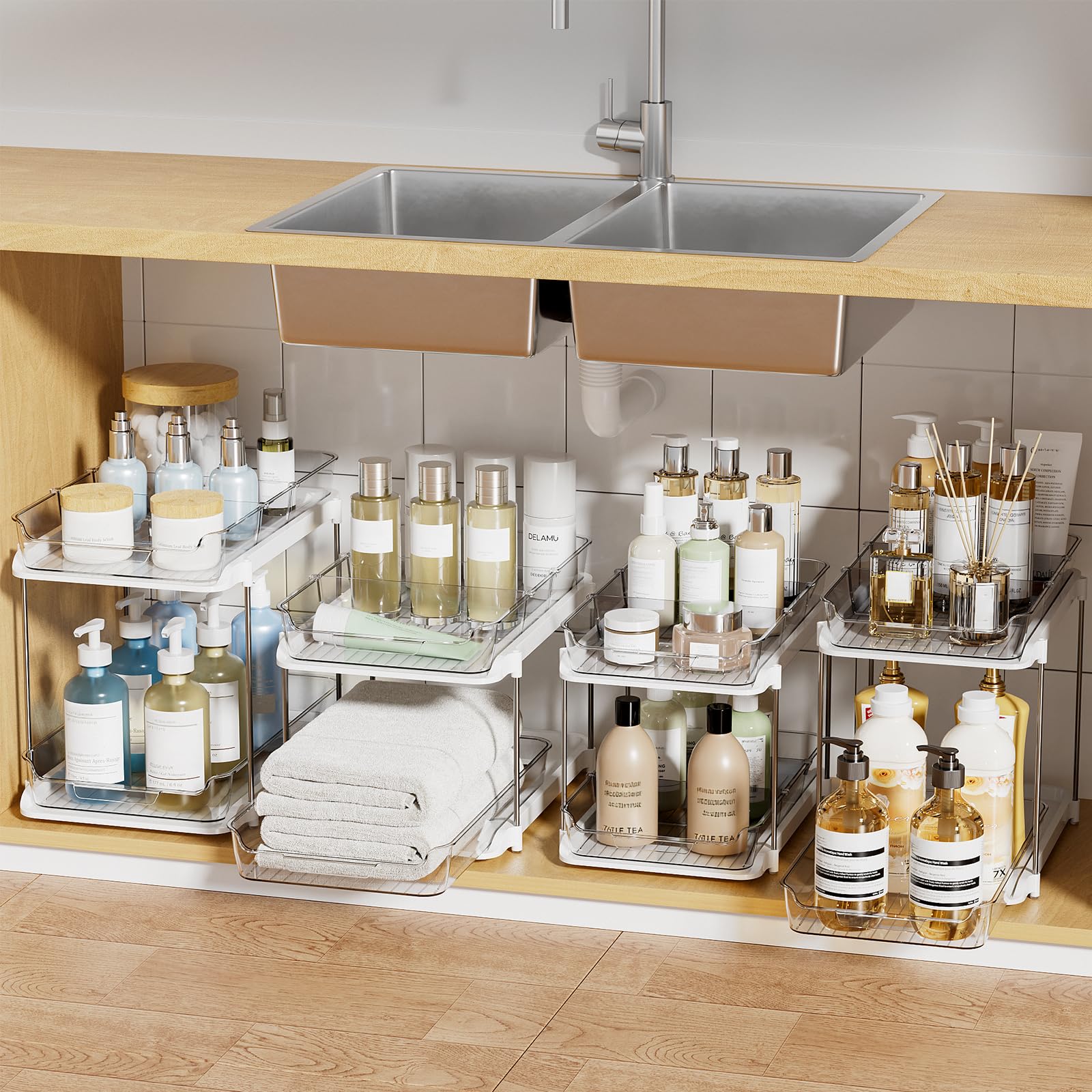 Delamu 2-Tier under-sink organizer with slide-out drawers for easy access