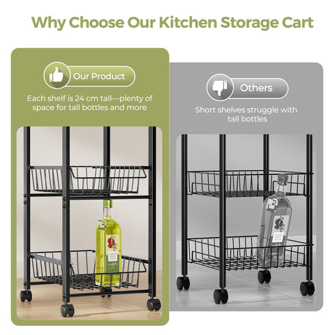 Delamu 5-tier kitchen organizer cart on wheels keeps produce and pantry items accessible.