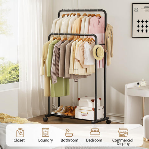 Delamu bedroom setup showing portable wardrobe functionality