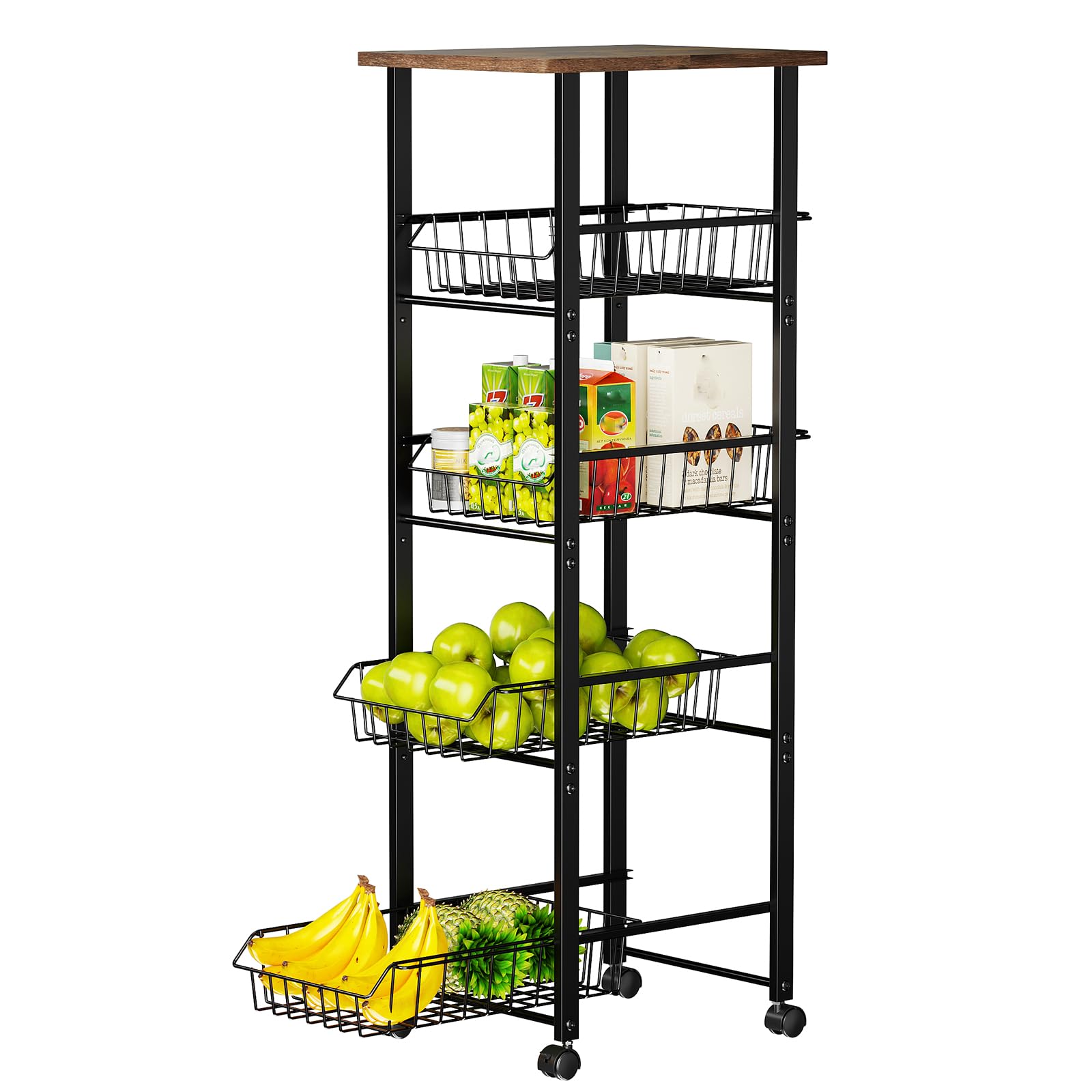 Delamu fruit vegetable basket with wood top provides sturdy prep space and organized counter.