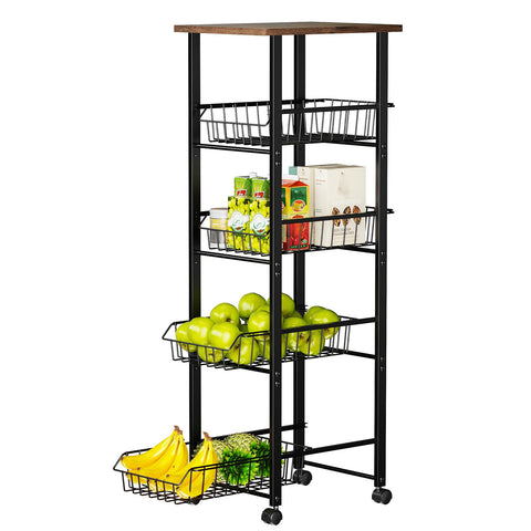 Delamu fruit vegetable basket with wood top provides sturdy prep space and organized counter.