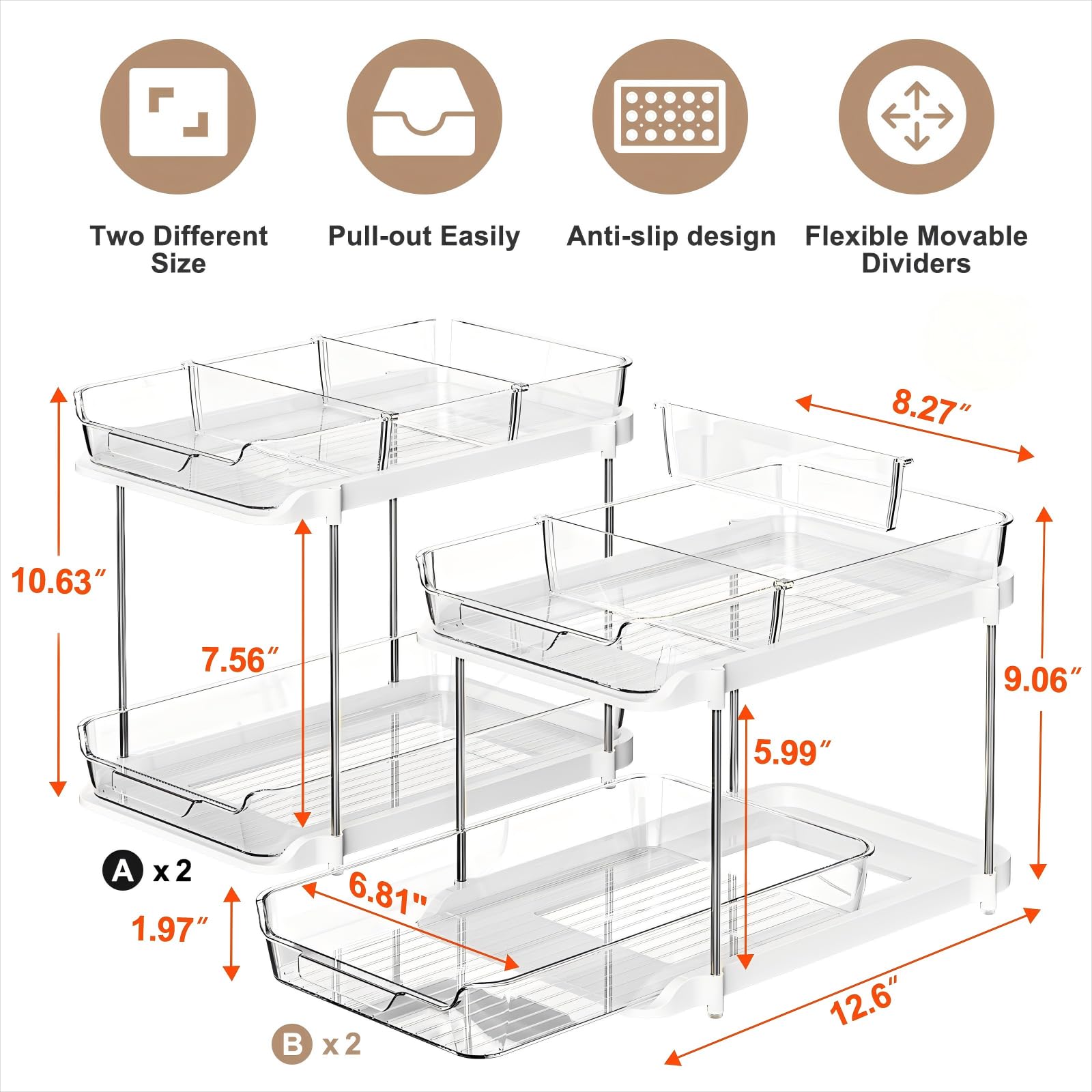 Delamu pull-out drawers and movable dividers for flexible cosmetics storage
