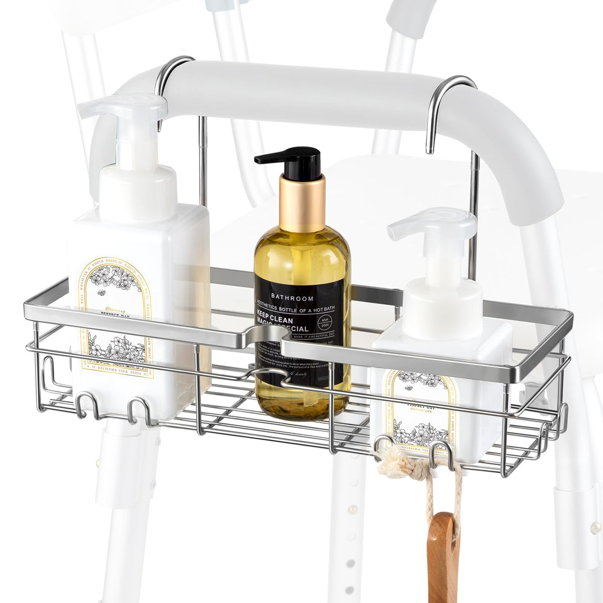 DELLAN hanging shower caddy over chair handle keeps bath essentials within easy reach.