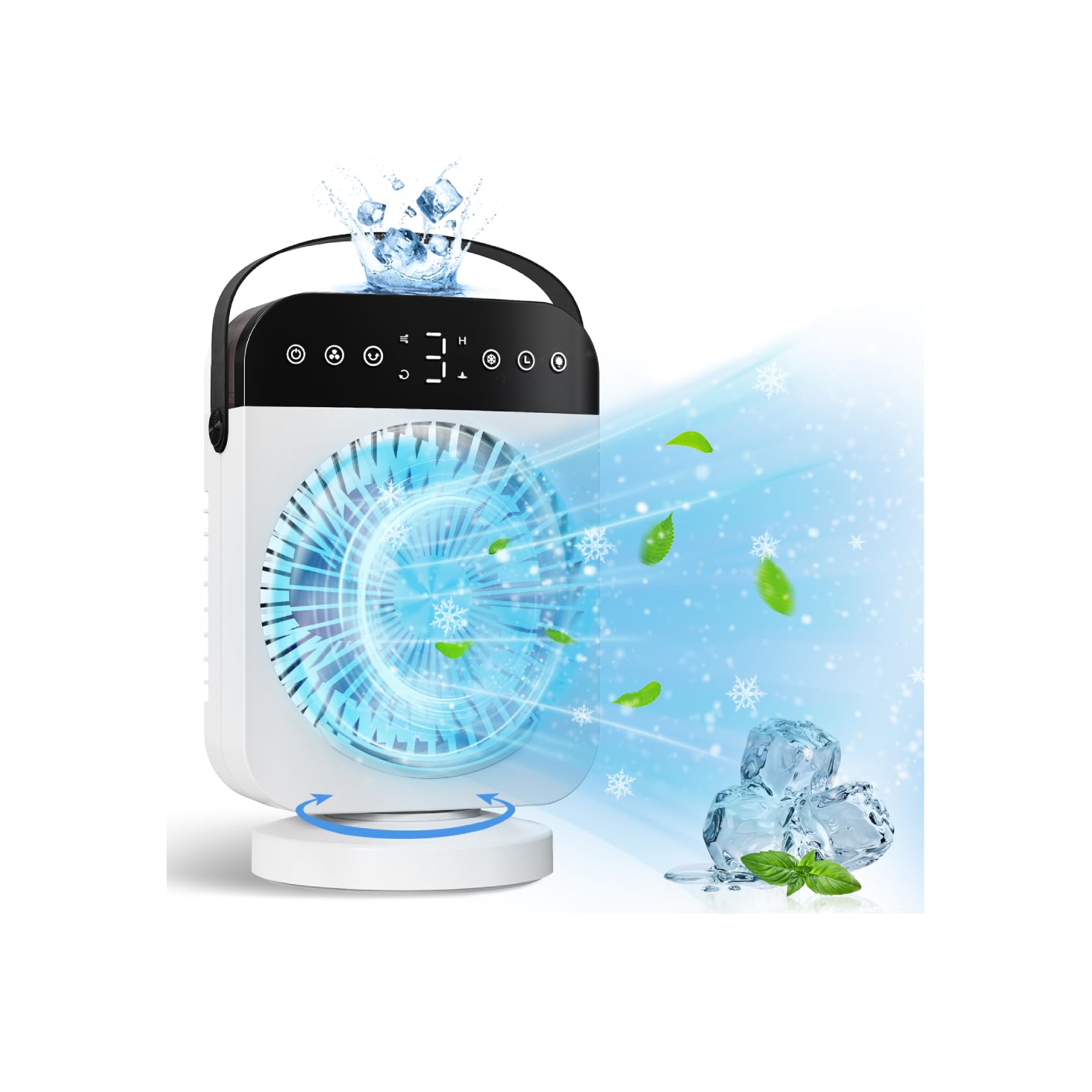 Deller portable air conditioner front view for compact cooling on the go.
