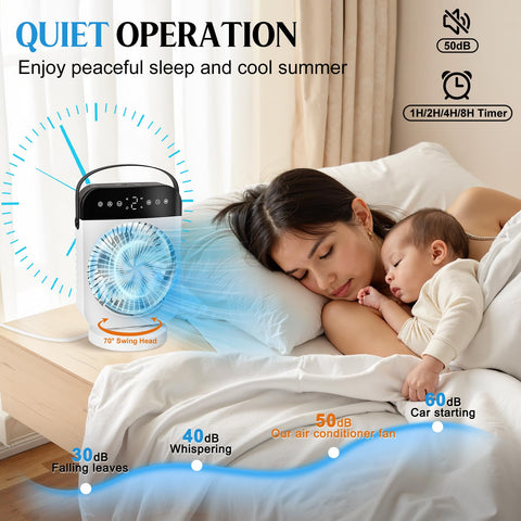 Deller portable air conditioner mist modes in action for personalized comfort.