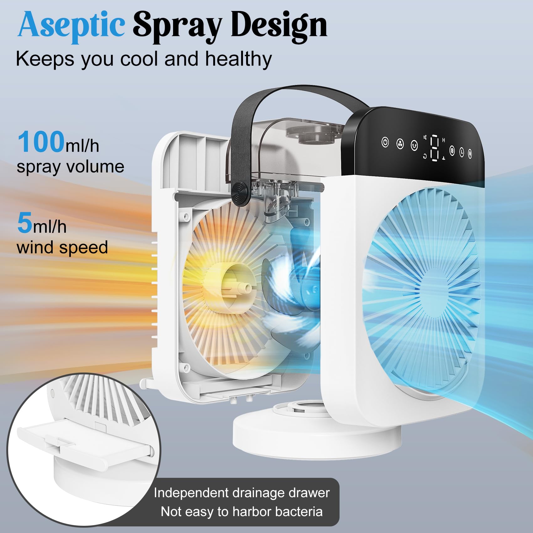 Deller portable air conditioner water tank top proving 300ml capacity for extended mist.