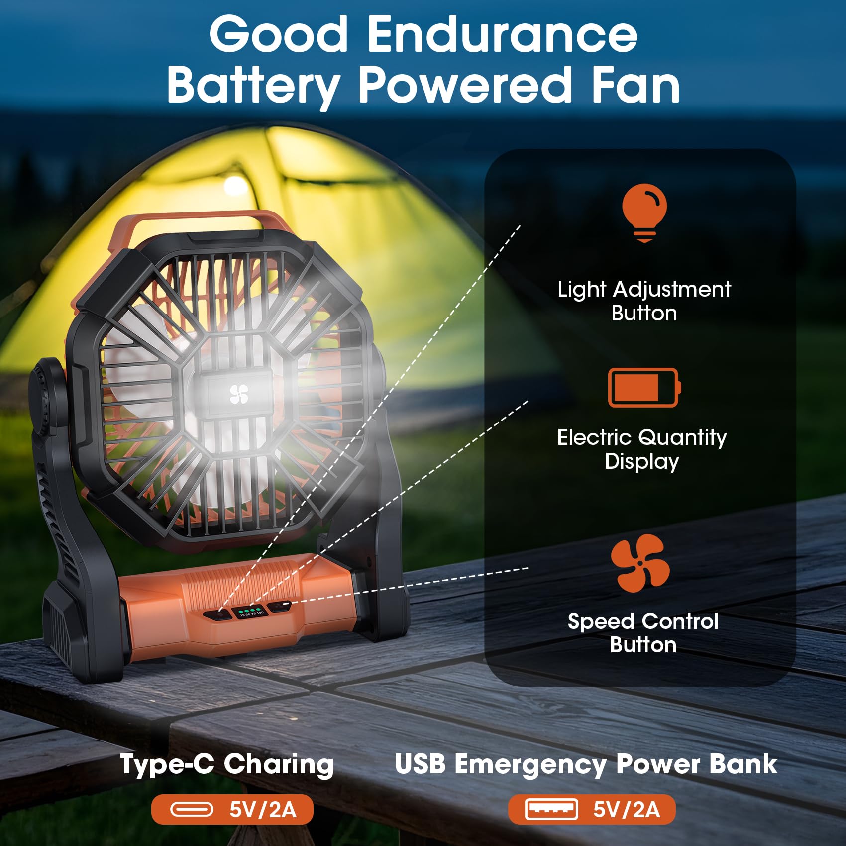 Deller camping fan with hook for hanging in tent.