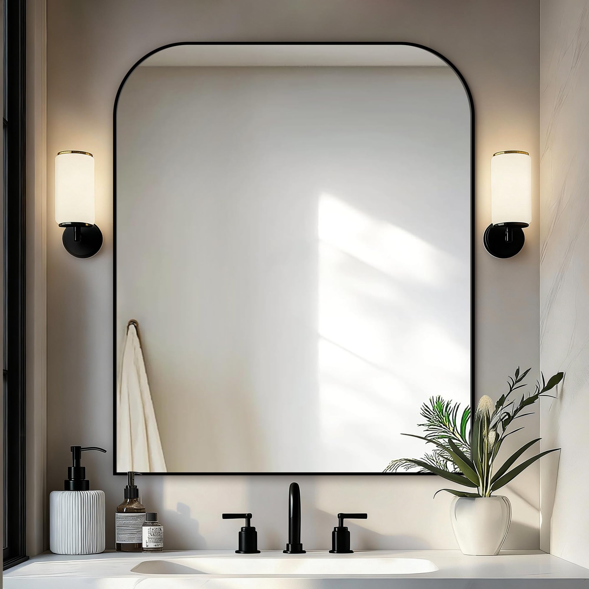Delma 36x30 black metal framed mirror over sink for precise grooming