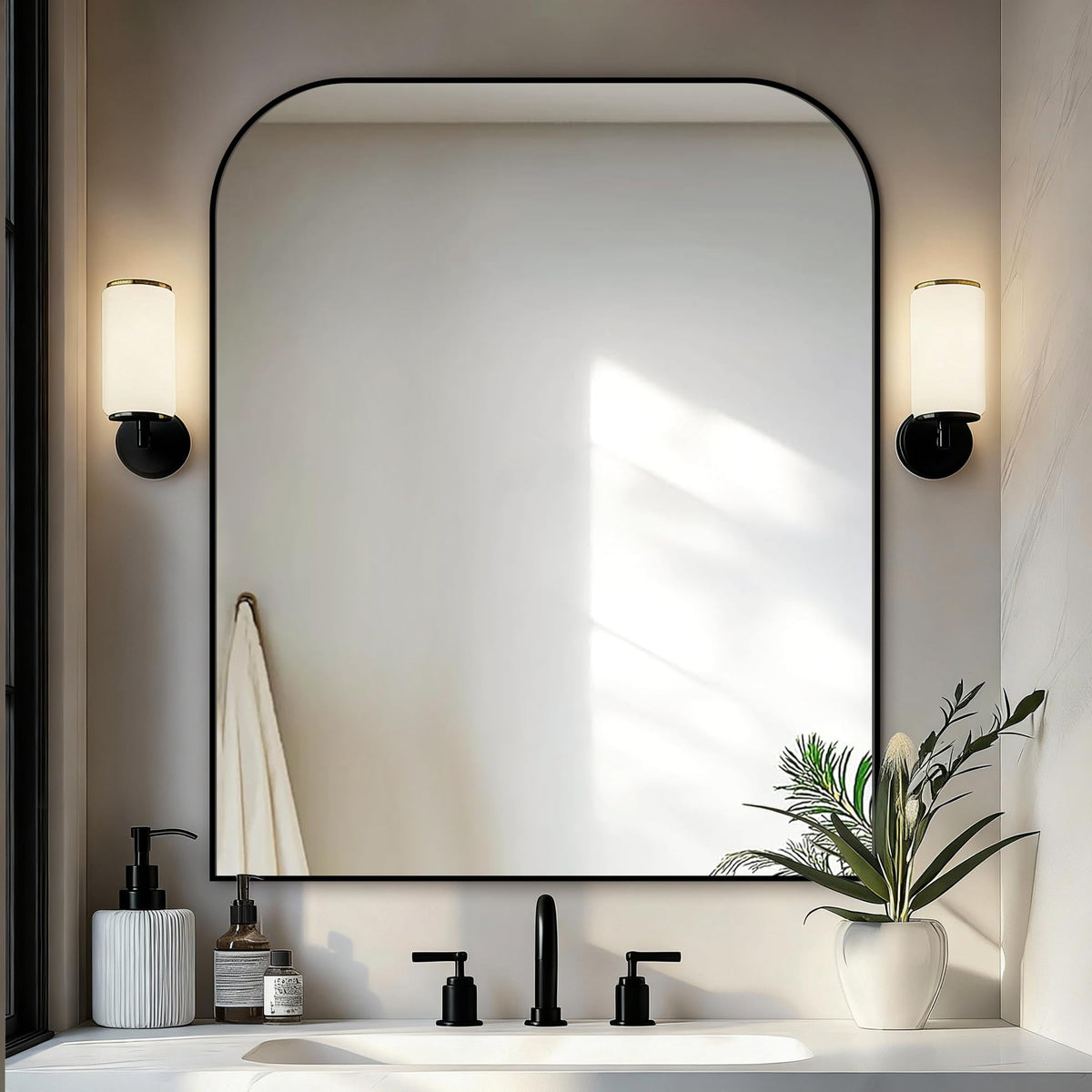 Delma 36x30 black metal framed mirror over sink for precise grooming