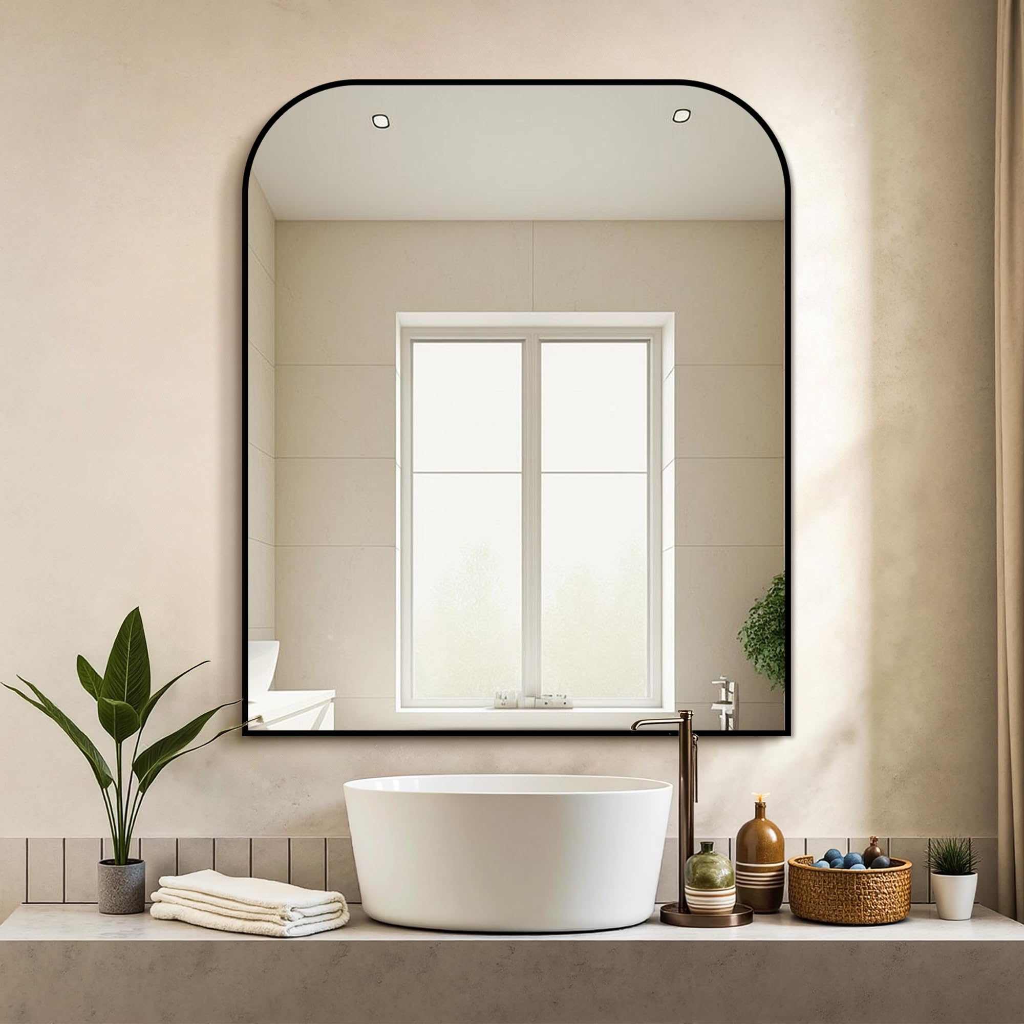 Delma black frame detail enhances contemporary bathroom decor