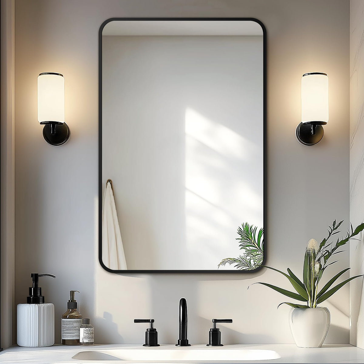 Delma bathroom mirror with black frame over sink in 30x20 for clear grooming