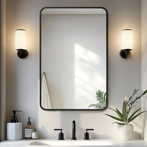 Delma bathroom mirror with black frame over sink in 30x20 for clear grooming