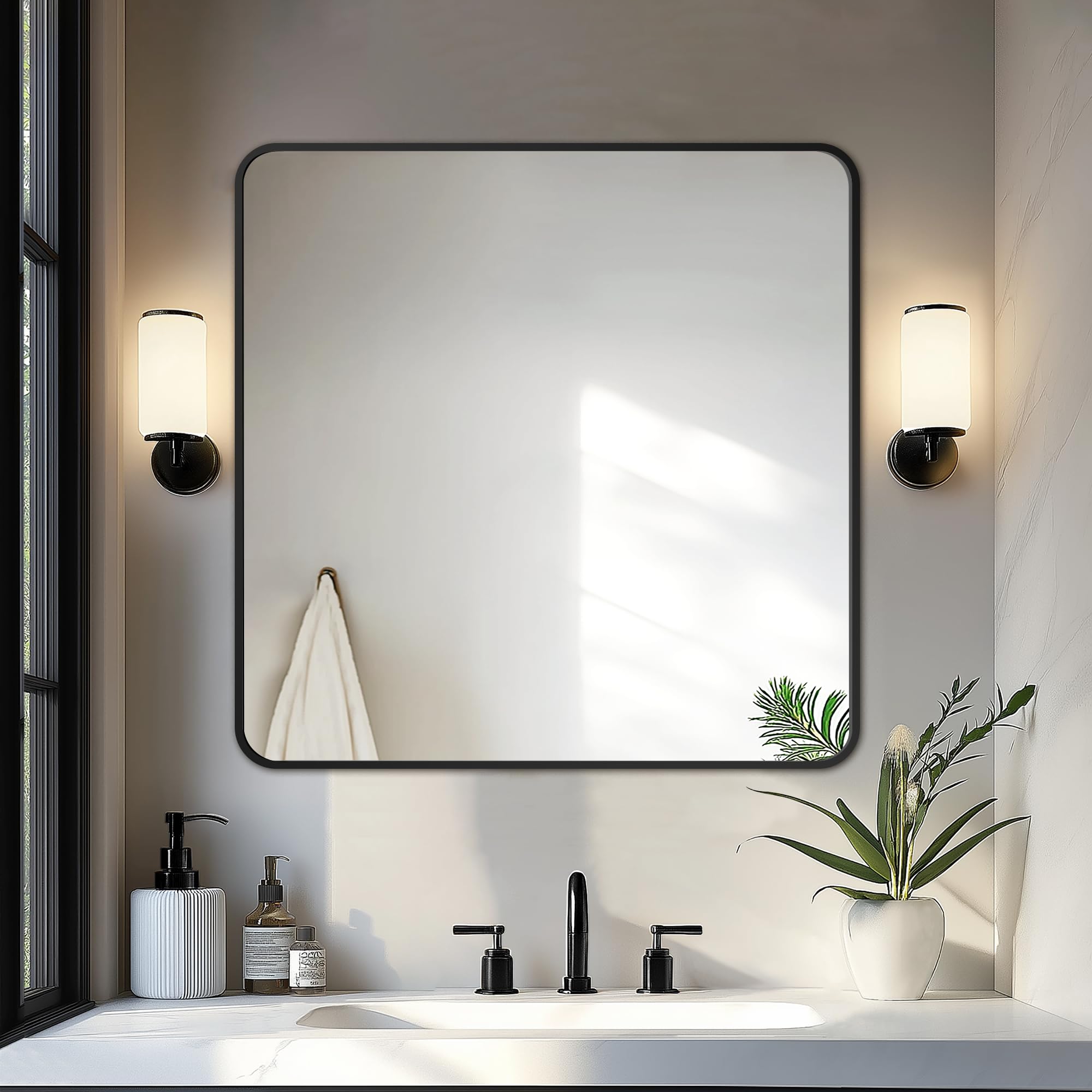Delma black-framed over-sink mirror with distortion-free reflection for grooming