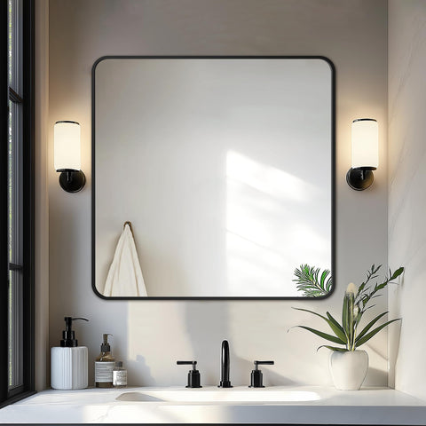 Delma black-framed over-sink mirror with distortion-free reflection for grooming
