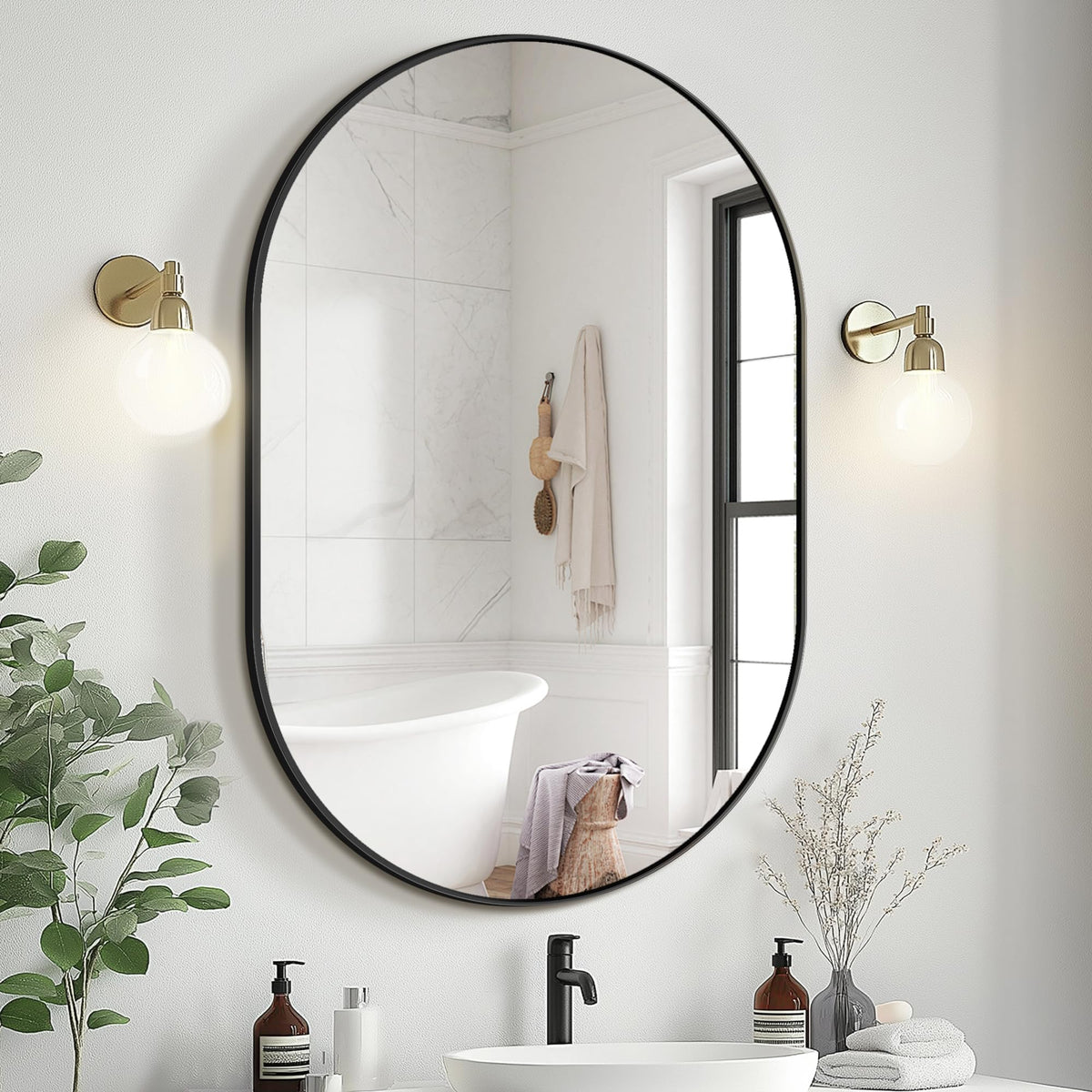 Delma oval bathroom mirror 36x24 front view shows clear HD reflection for precise grooming.