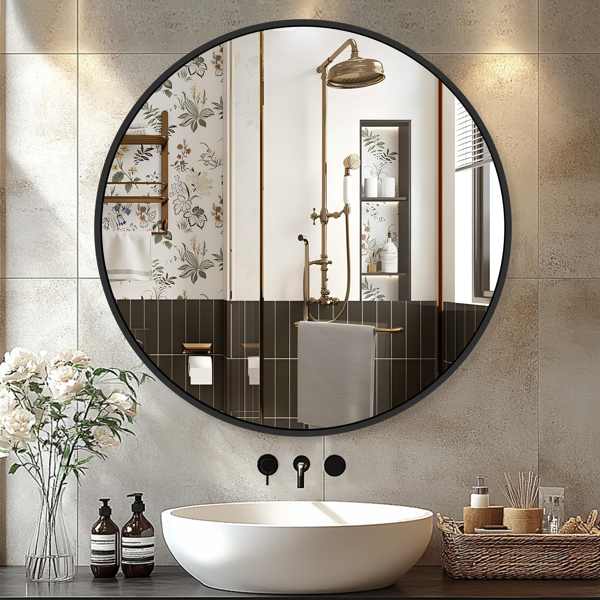 Delma black round mirror 22-inch wall-mounted for bright reflections and modern bathroom decor