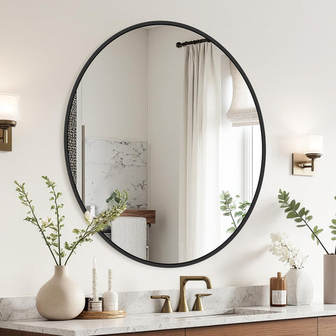 Delma black round mirror hanging on wall, versatile vertical or horizontal installation