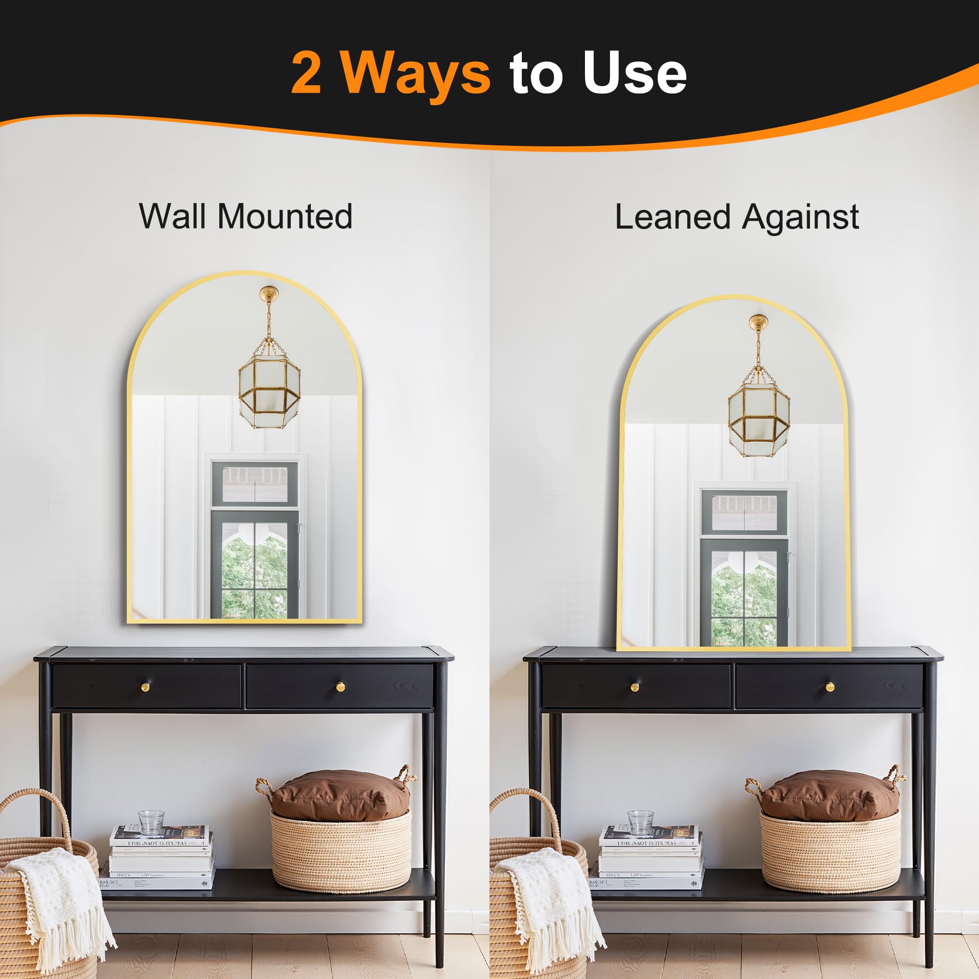 Delma mirror features two back hooks for easy installation.