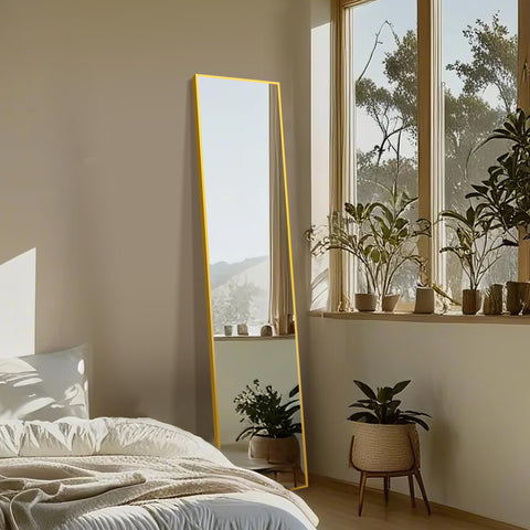 Delma floor mirror with gold aluminum frame adds elegant, versatile styling.