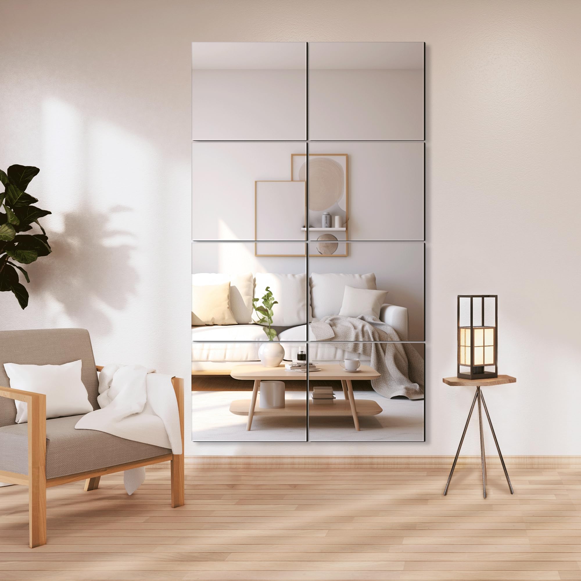 Delma frameless mirror tiles on wall for bright living space reflections.