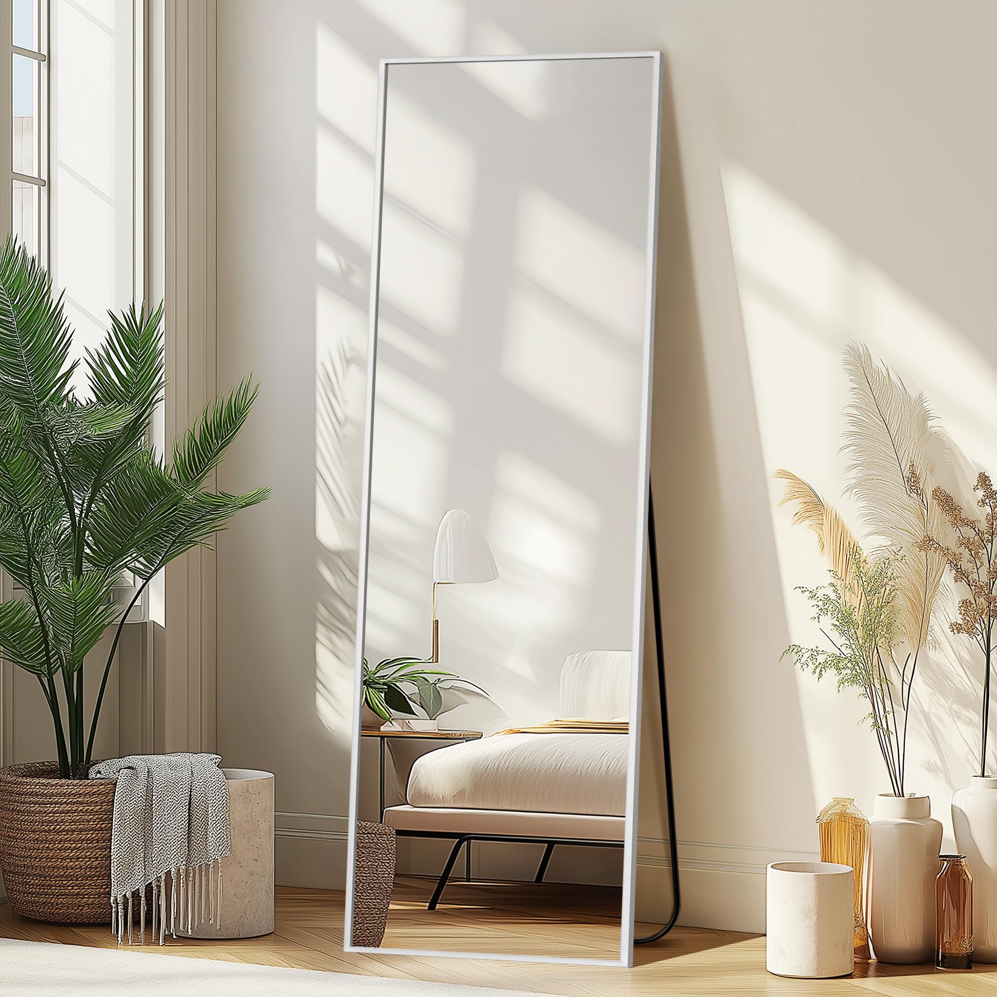 Delma full length mirror with silver frame adds bright, open feel to any room.