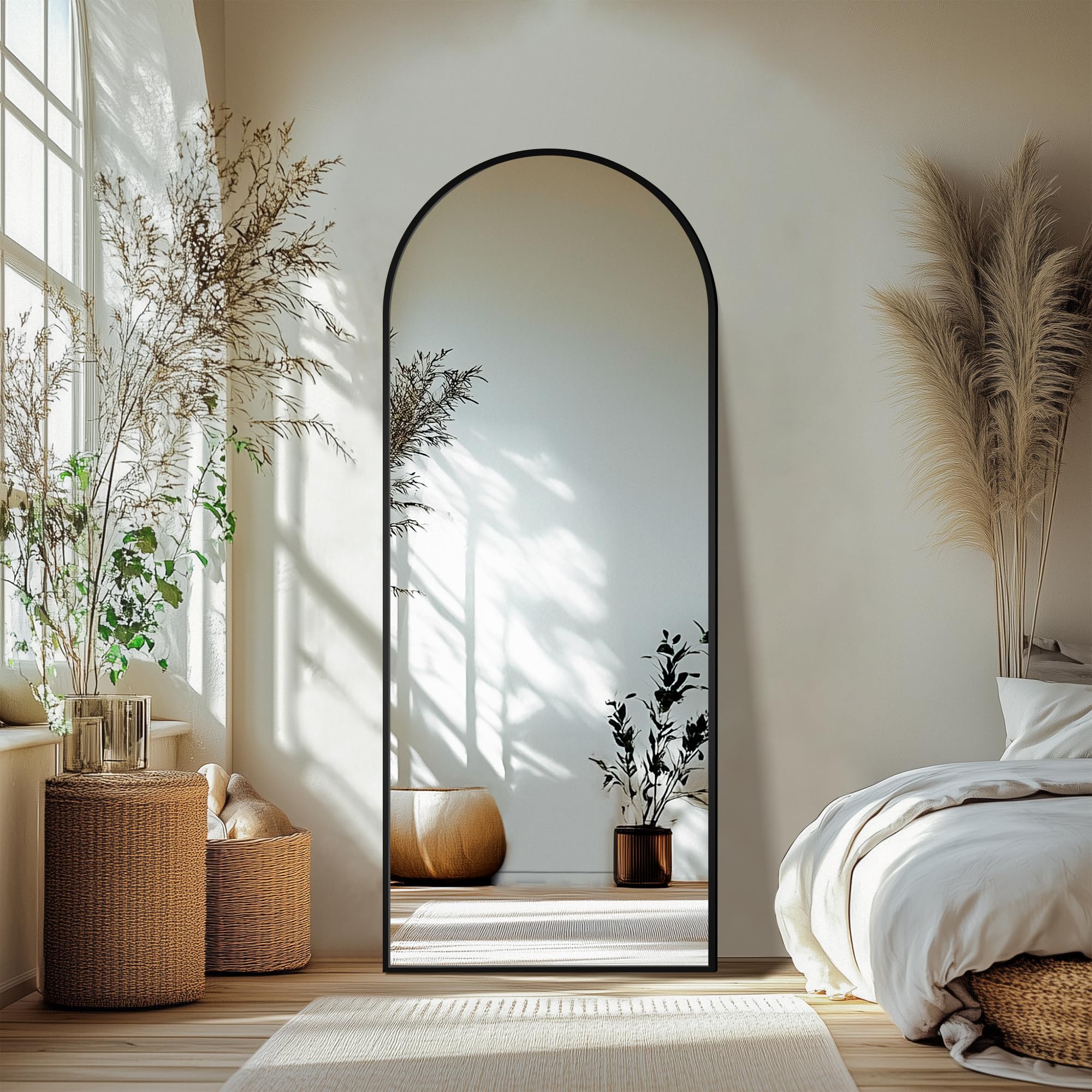 Delma full-length mirror with arch stand in black for versatile wall or floor use.
