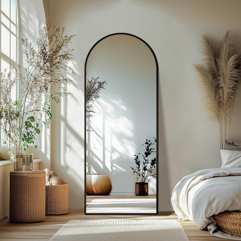 Delma full-length mirror with arch stand in black for versatile wall or floor use.