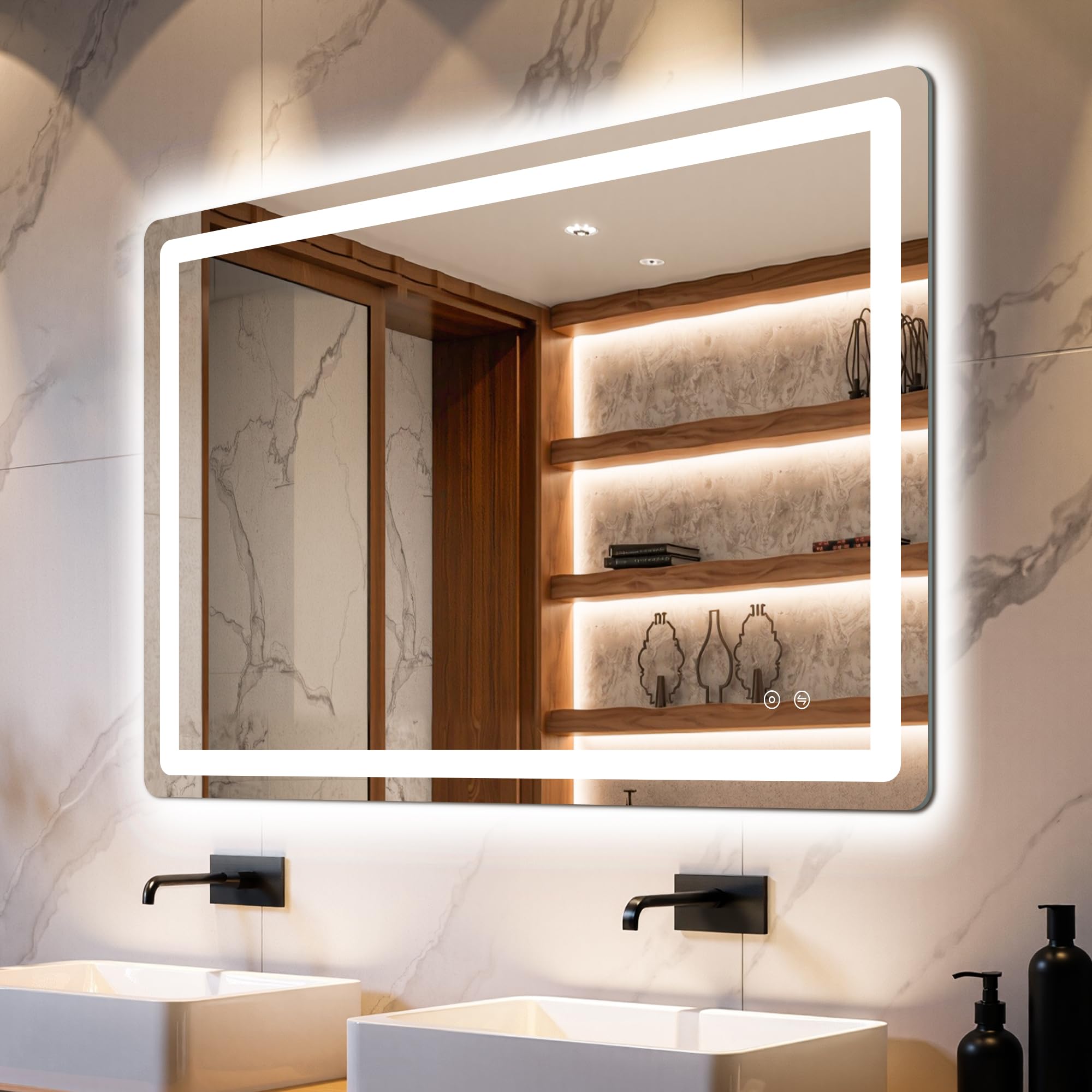 Delma LED bathroom mirror front-lit lighting for precise makeup and grooming.