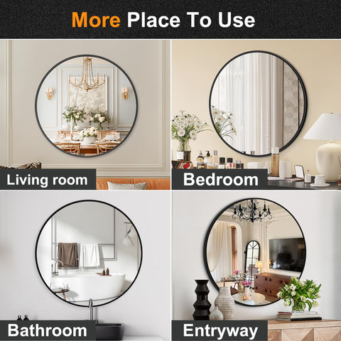 Delma round mirror in living room creating light and a sleek focal point