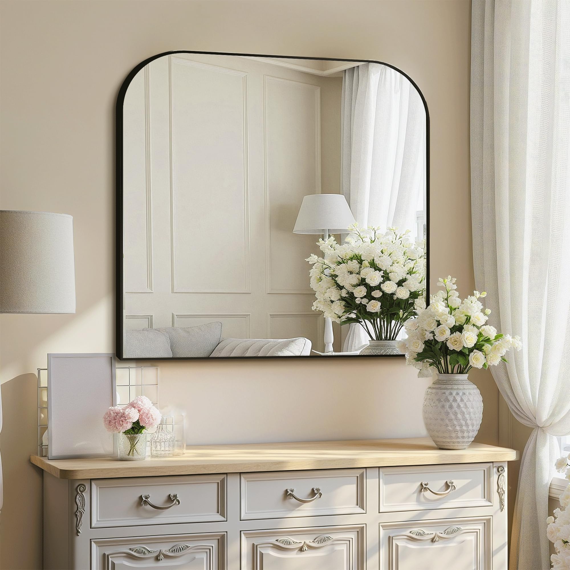 Delma square 30x30 mirror with black metal frame for stylish decor