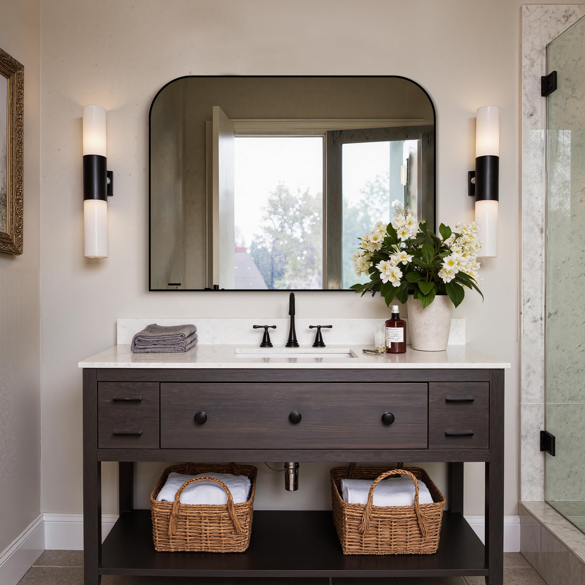 Delma vanity mirror over sink complements bedrooms and living spaces