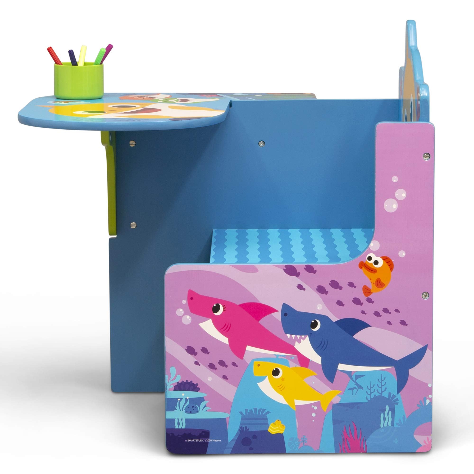 Built-in cup holder on Delta Children Baby Shark chair desk keeps markers handy