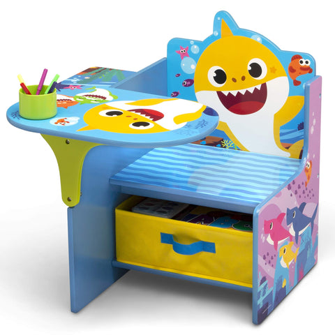 Closeup of Delta Children Baby Shark chair desk graphics for inspiring creativity