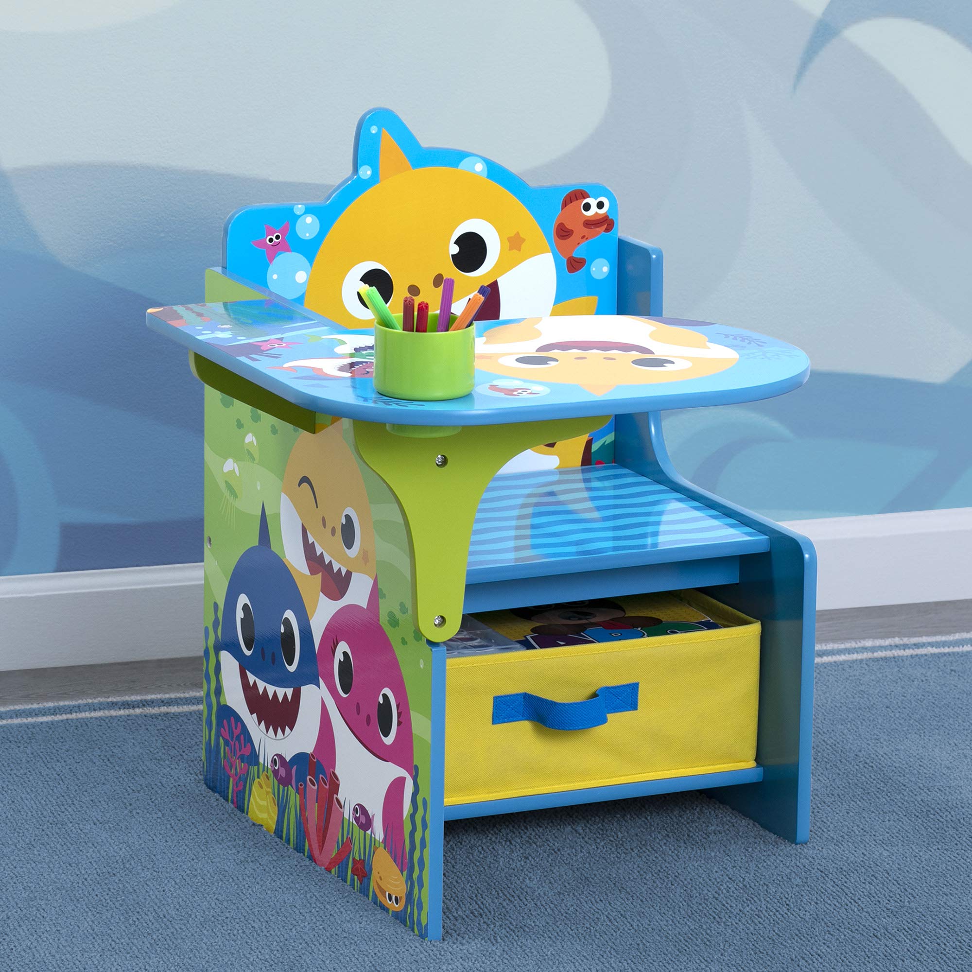 Delta Children Baby Shark chair desk side view showing compact size for small spaces