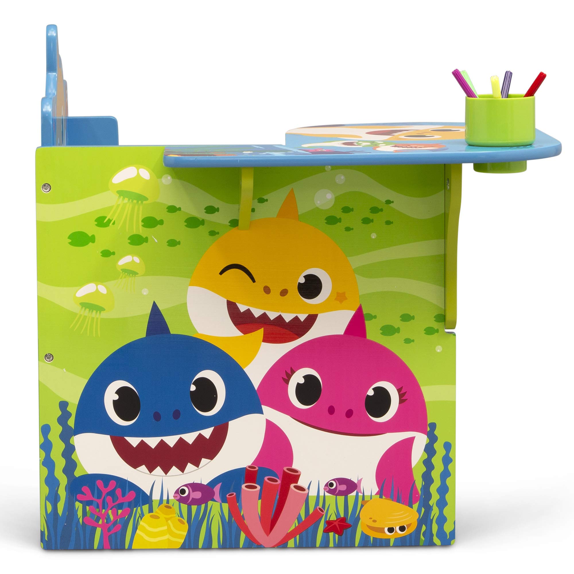 Open storage bin under Delta Children Baby Shark chair desk for easy access