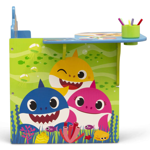 Open storage bin under Delta Children Baby Shark chair desk for easy access