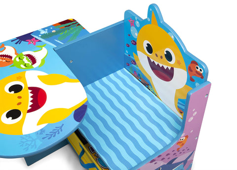 Under-seat storage on Delta Children Baby Shark chair desk for organizing supplies