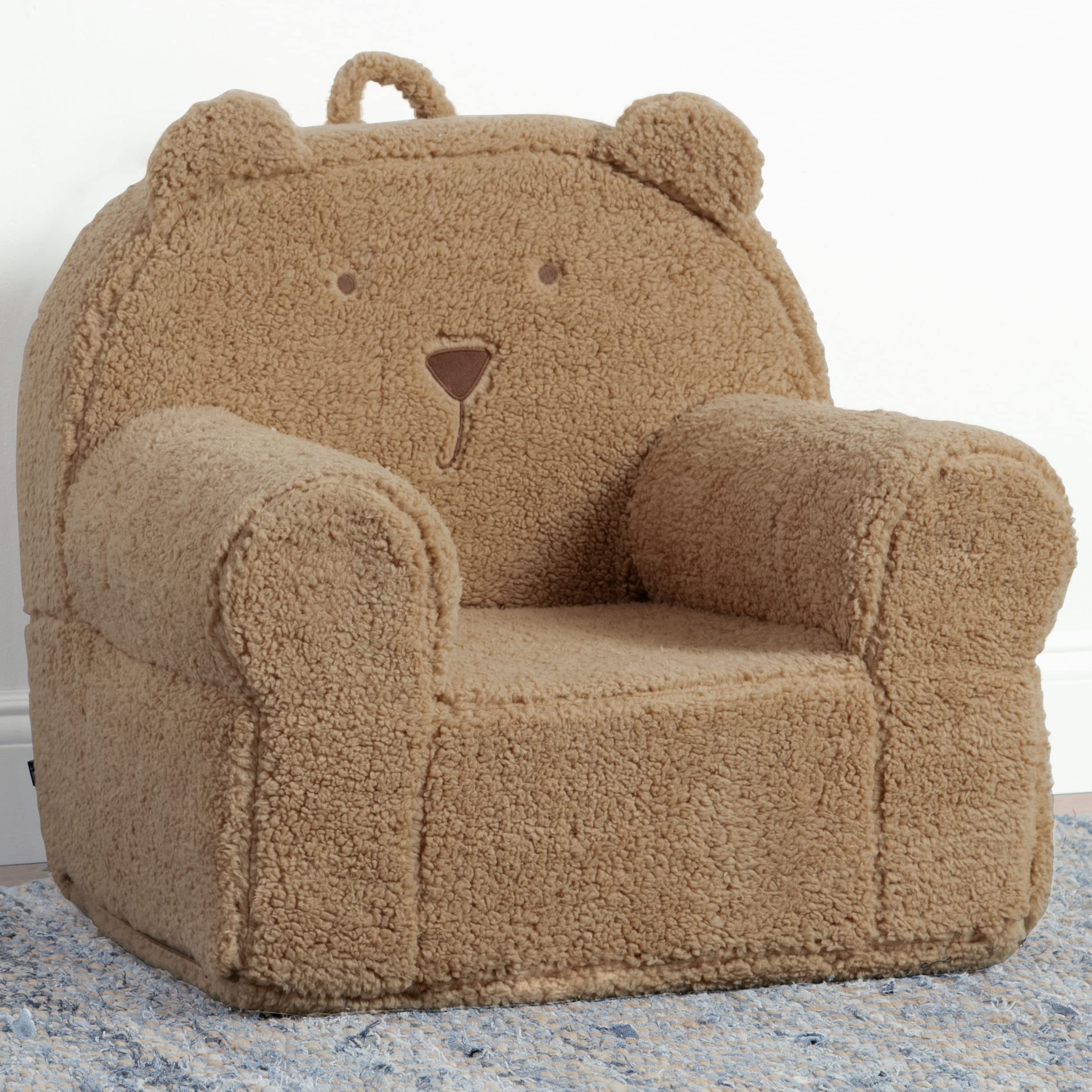 Delta Children Babygap Sherpa Bear Chair close-up of bear face embroidery.